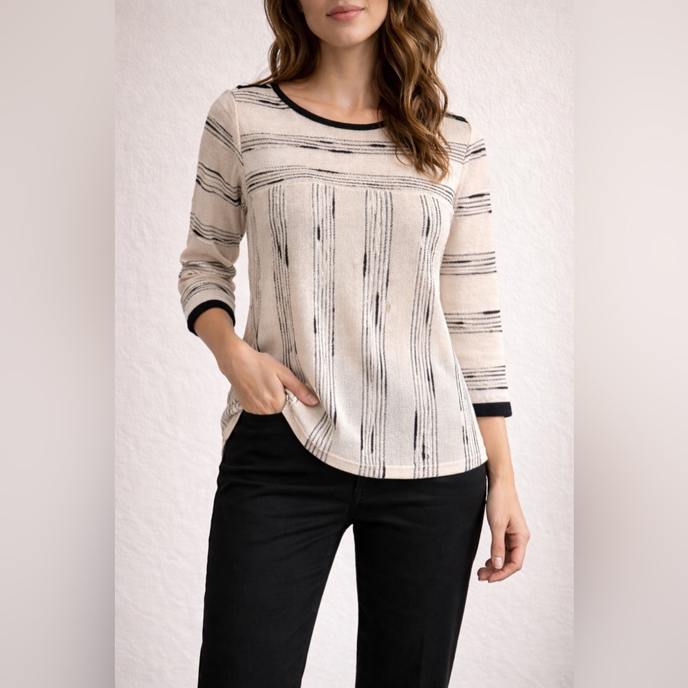 JohnPaulRichard Cream and Black Striped Knit Tunic Blouse PM